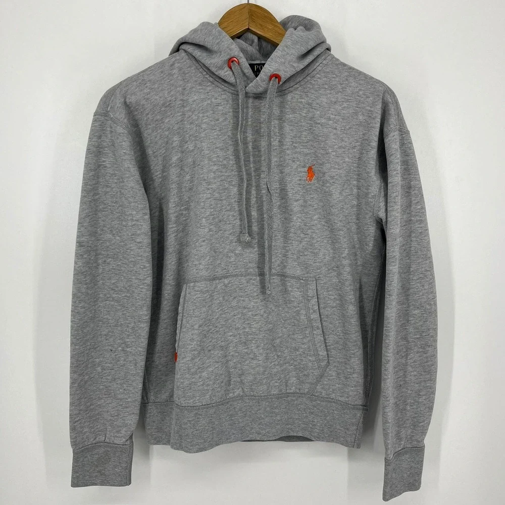 Polo Ralph Lauren Performance Mens Hoodie Heather Gray Orange Pony Small